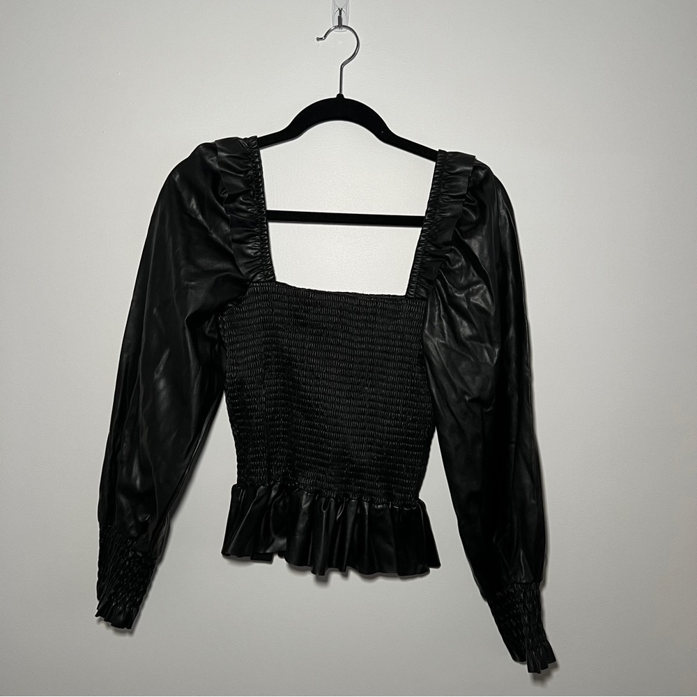 7 For All Mankind Black Leather Puff Sleeve Smocked Top with Ruffle Hem Size M